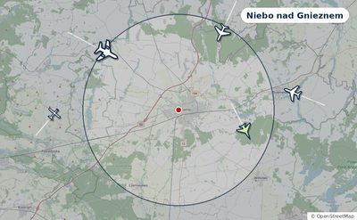 Mapa okolic miasta z sylwetkami samolotów — Niebo nad Gnieznem